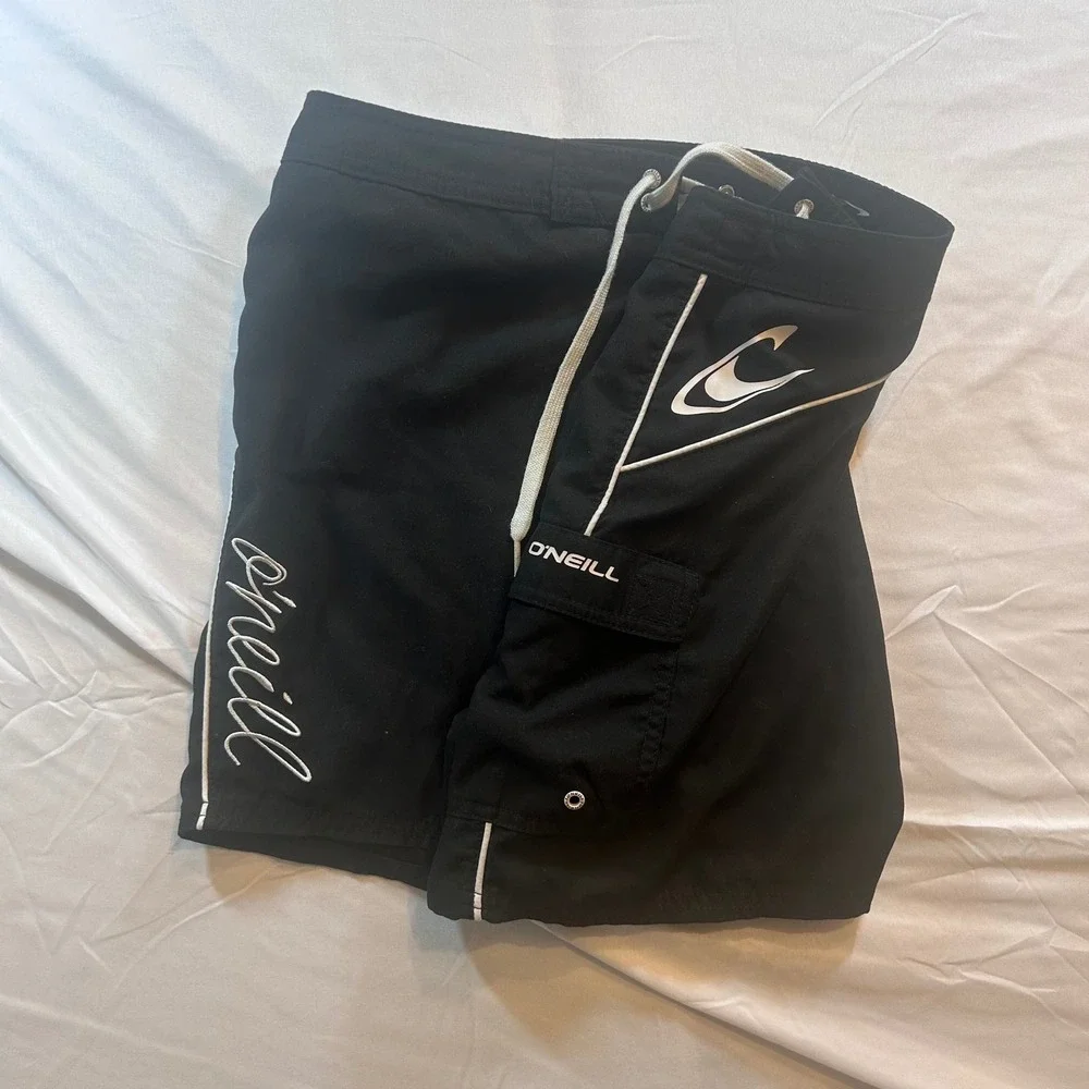 ONeill Mens Black Board Shorts Swim Trunks Size 11 Cargo Pocket White Piping